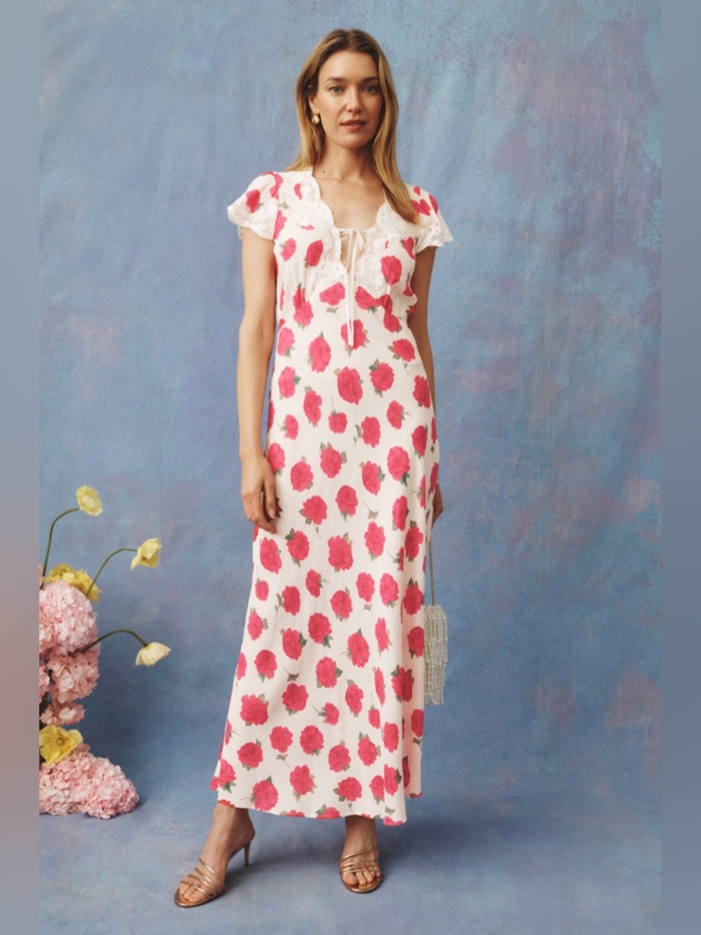 Rixo white pink rose floral print Amari maxi dress